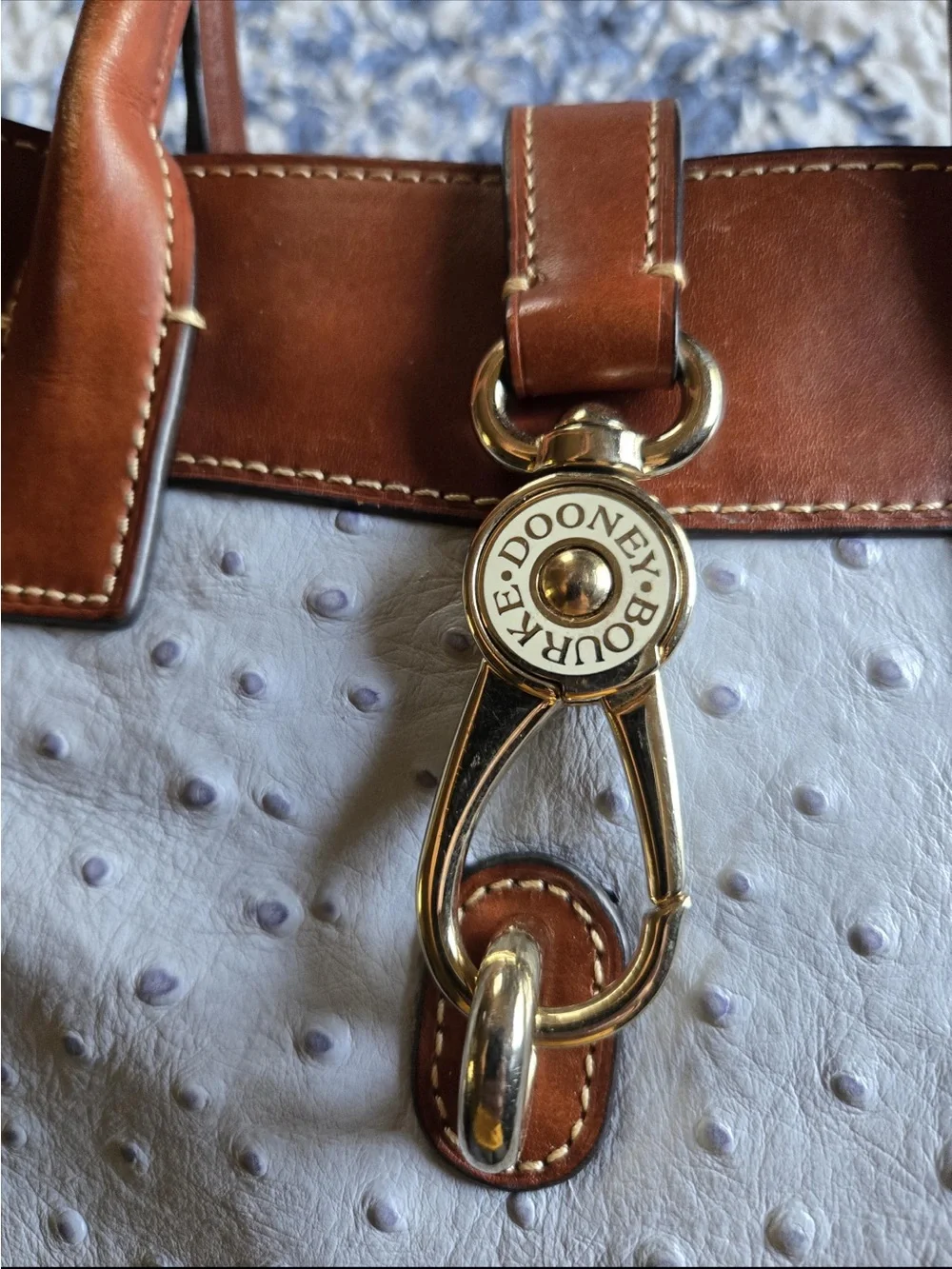 Dooney & Bourke
Beautiful light blue Ostrich 
Leather Satchel with Brown Triim - Picture 12 of 16